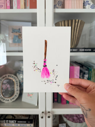 Halloween - Pink Broom - Original Painting - 5x7
